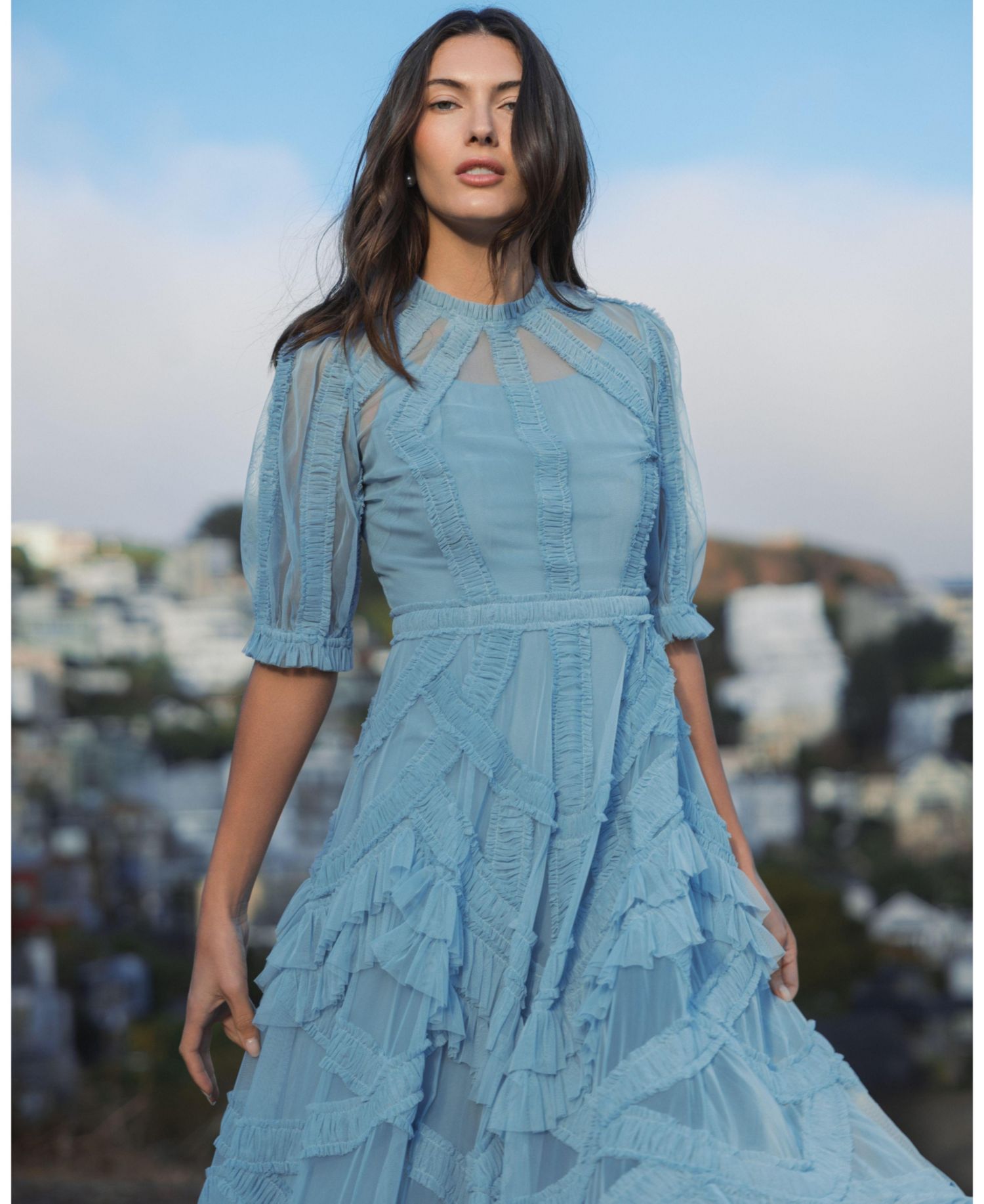 Petite Illusion High Neck Tiered Ruffle A-Line Midi Dress