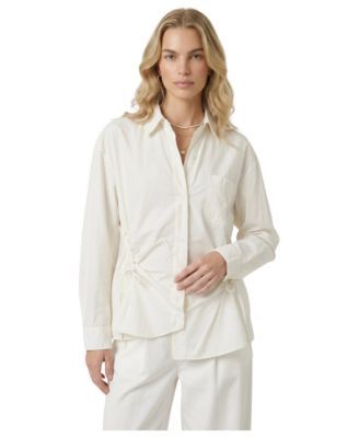 Women's Long-Sleeve Relaxed-Fit Side Drawstring Button-Up Shirt