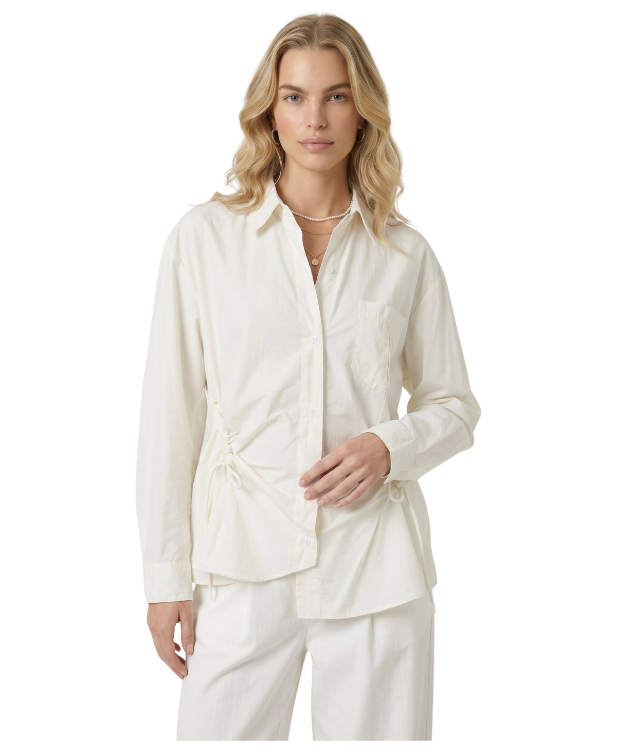 Modenaire Women's Long-Sleeve Relaxed-Fit Side Drawstring Button-Up Shirt - Cream