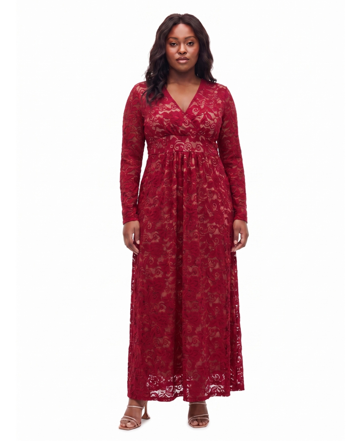 24seven Comfort Apparel Plus Size Floral-Print V-Neck Lace Maxi Dress - Wine