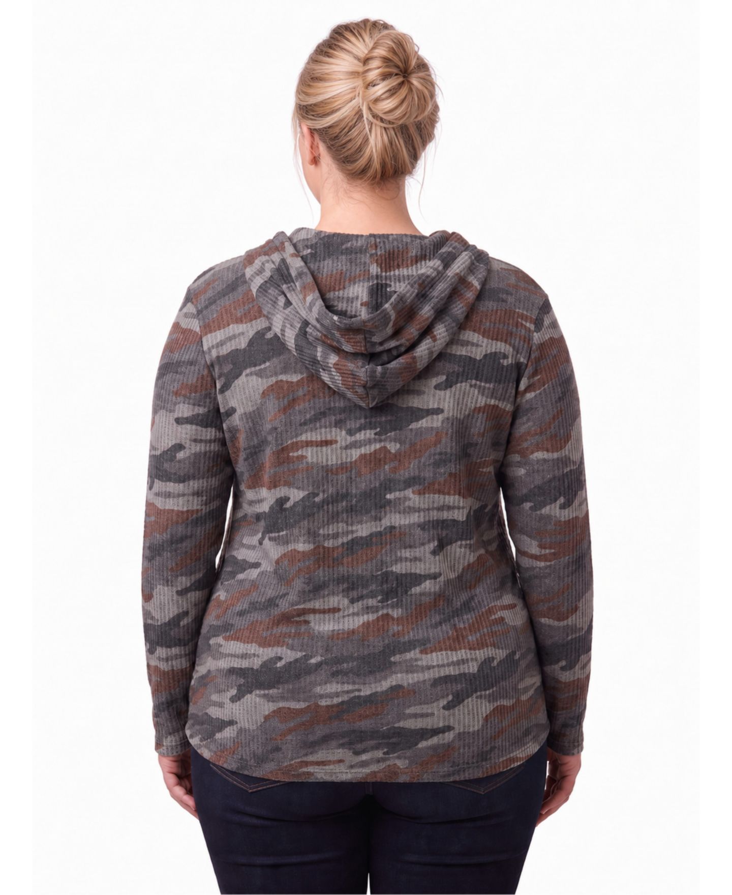 Женский кардиган 24seven Comfort Apparel Plus Size Hooded Open-Front Camo-Print, цвет: Серый разноцветный — фото 3