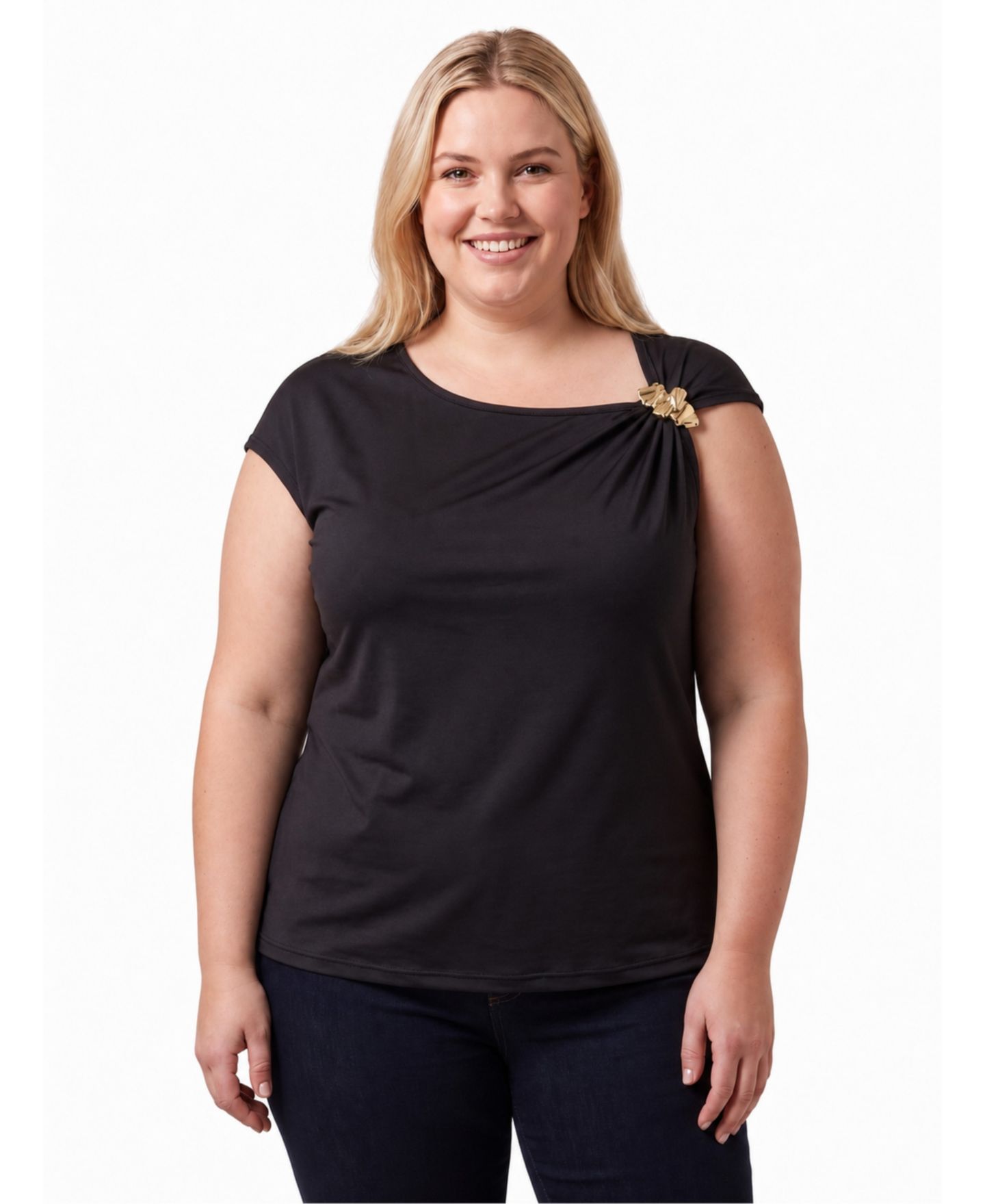 Женская блузка 24seven Comfort Apparel Plus Size Brooch Boatneck, цвет: Чёрный — фото 1