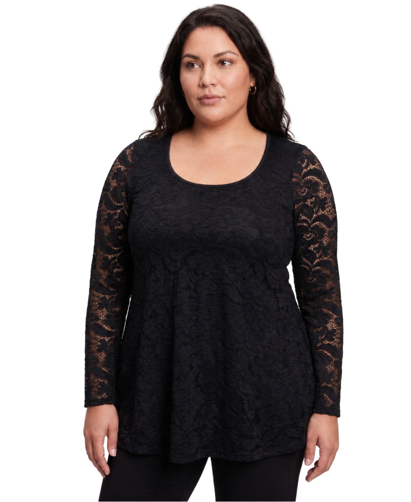 Женский топ 24seven Comfort Apparel Plus Size Long-Sleeve Lace Scoop Neck Tunic, цвет: Чёрный — фото 2