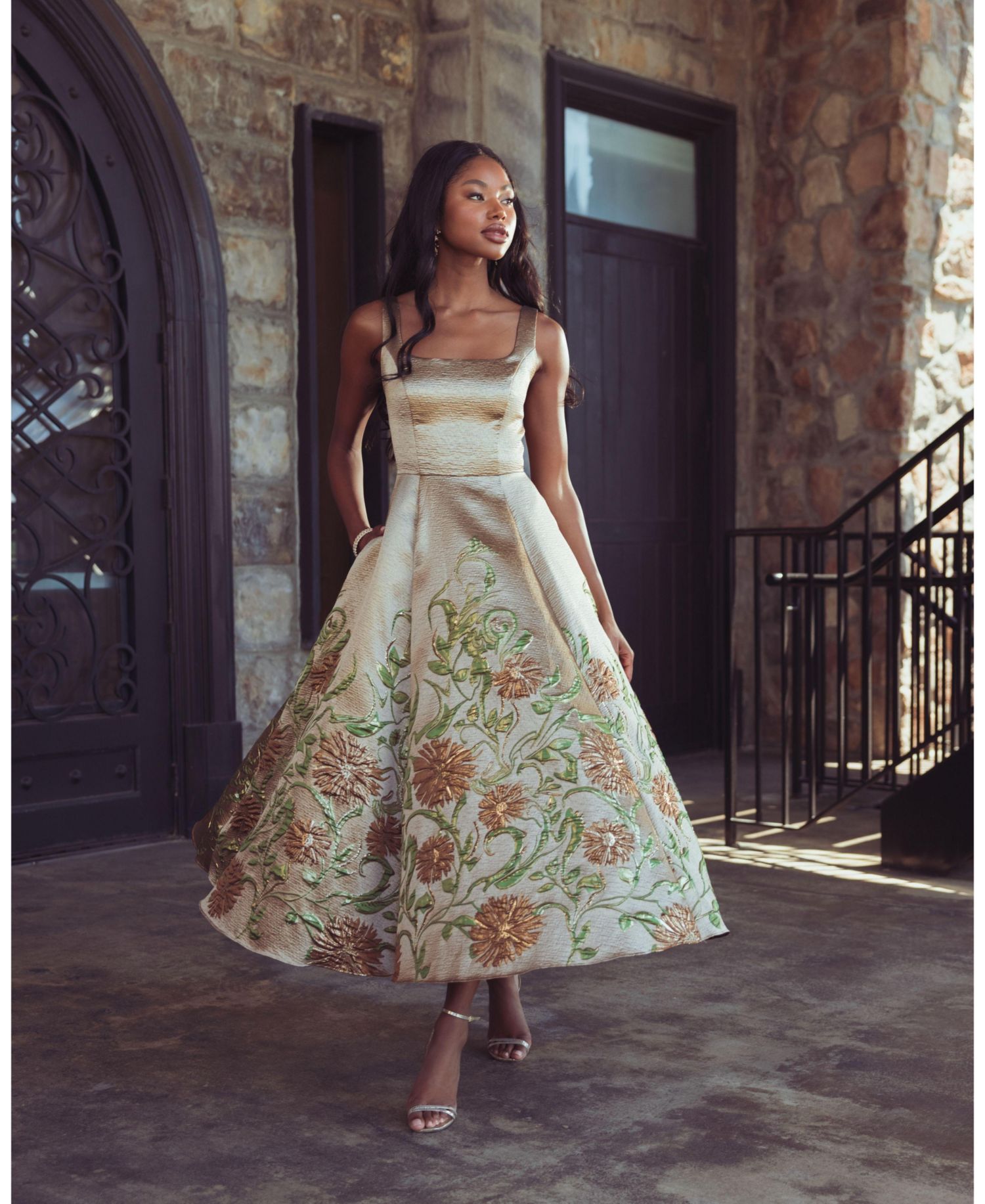 Women's Embroidered Floral A-Line Square Neck Midi Dress