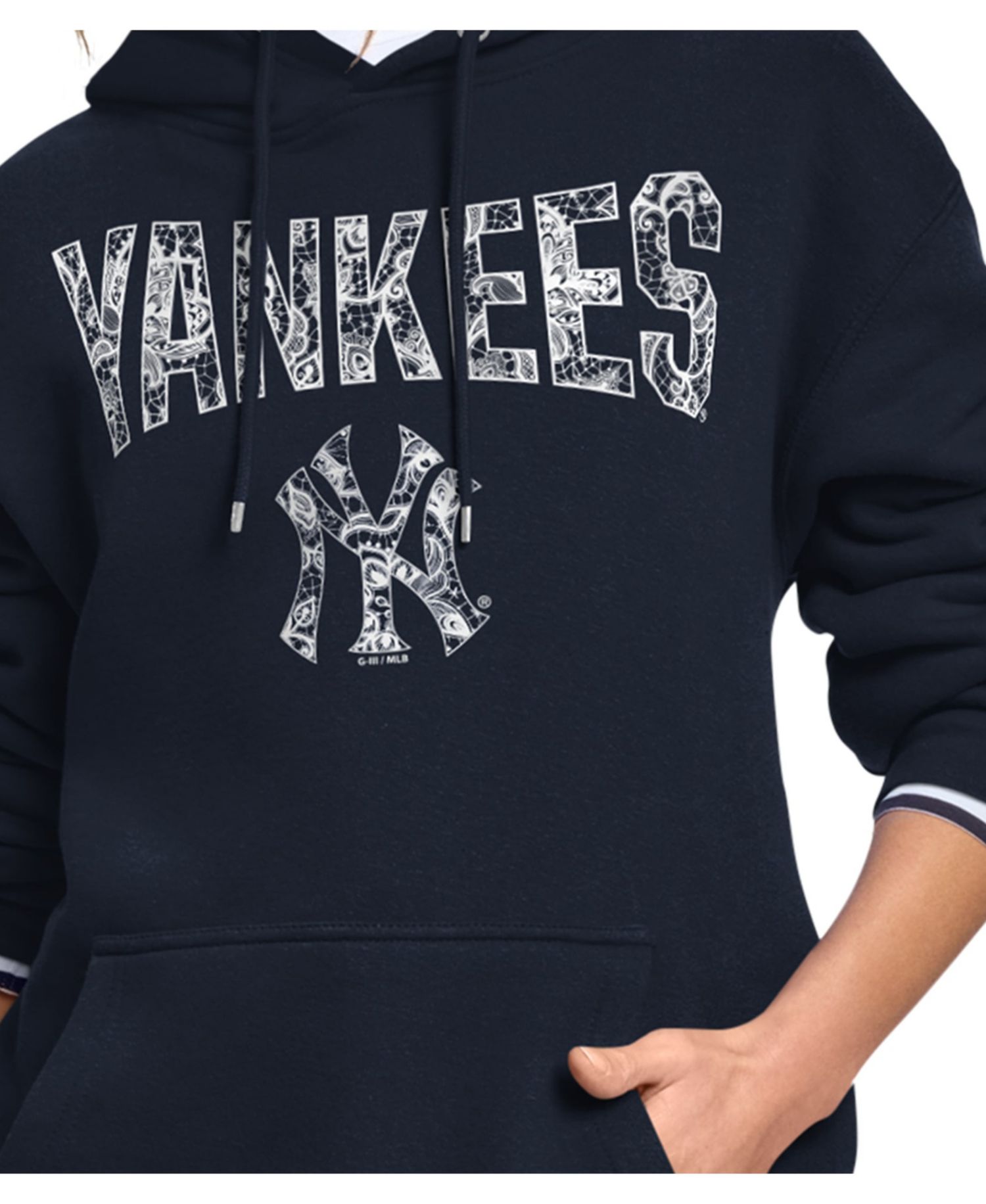 Women's Navy New York Yankees Lace Team Lockup Fleece Hoodie
