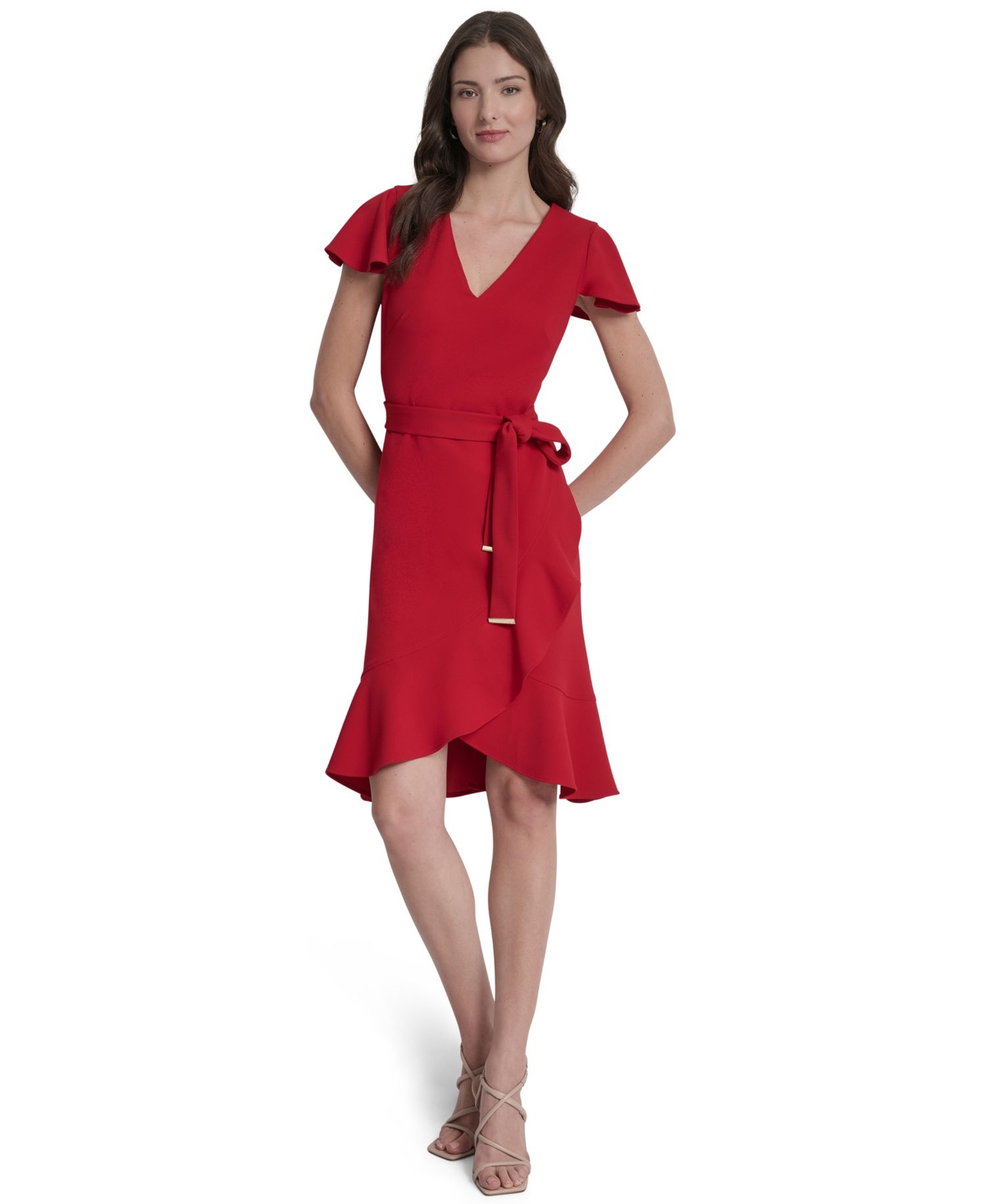 Women's Flutter Short-Sleeve V-Neck Faux-Wrap Dress