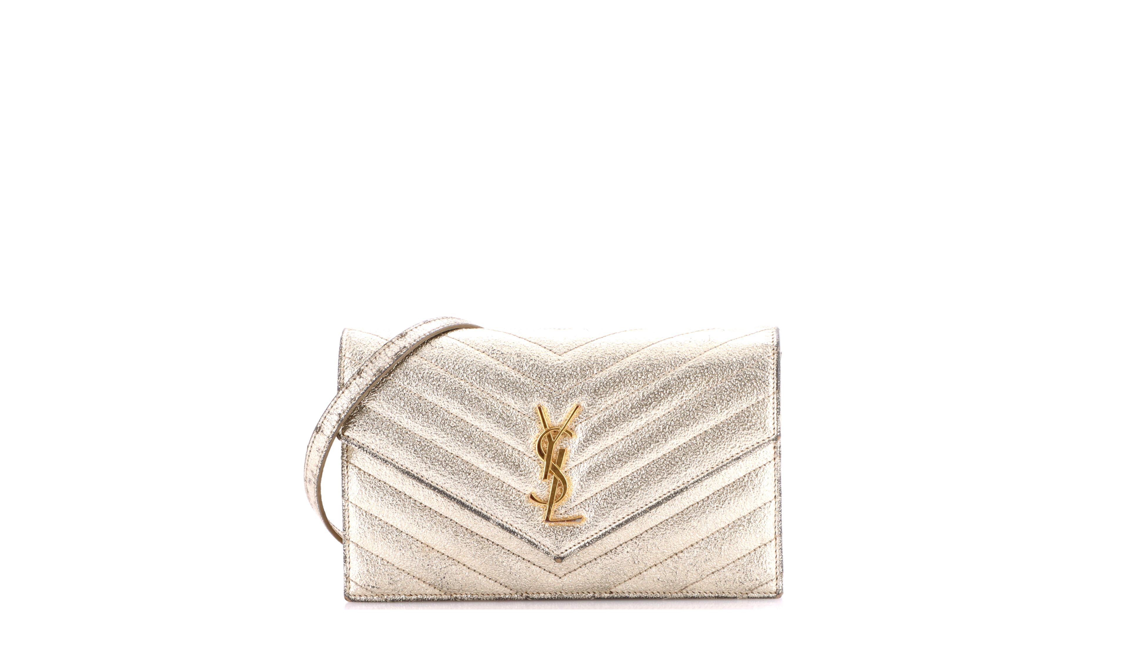 Pre-Owned Saint Laurent Small Classic Monogram Wallet on Chain Matelasse Chevron Metallic Leather