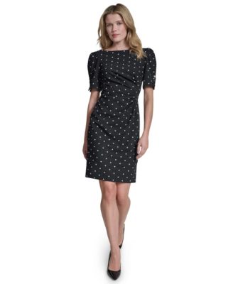 Women's Ruched Puff-Sleeve Polka-Dot Dress