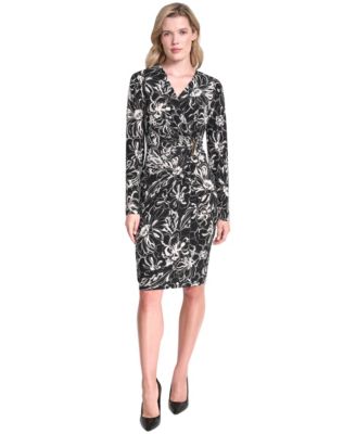 Women's Long-Sleeve V-Neck Faux-Wrap Dress