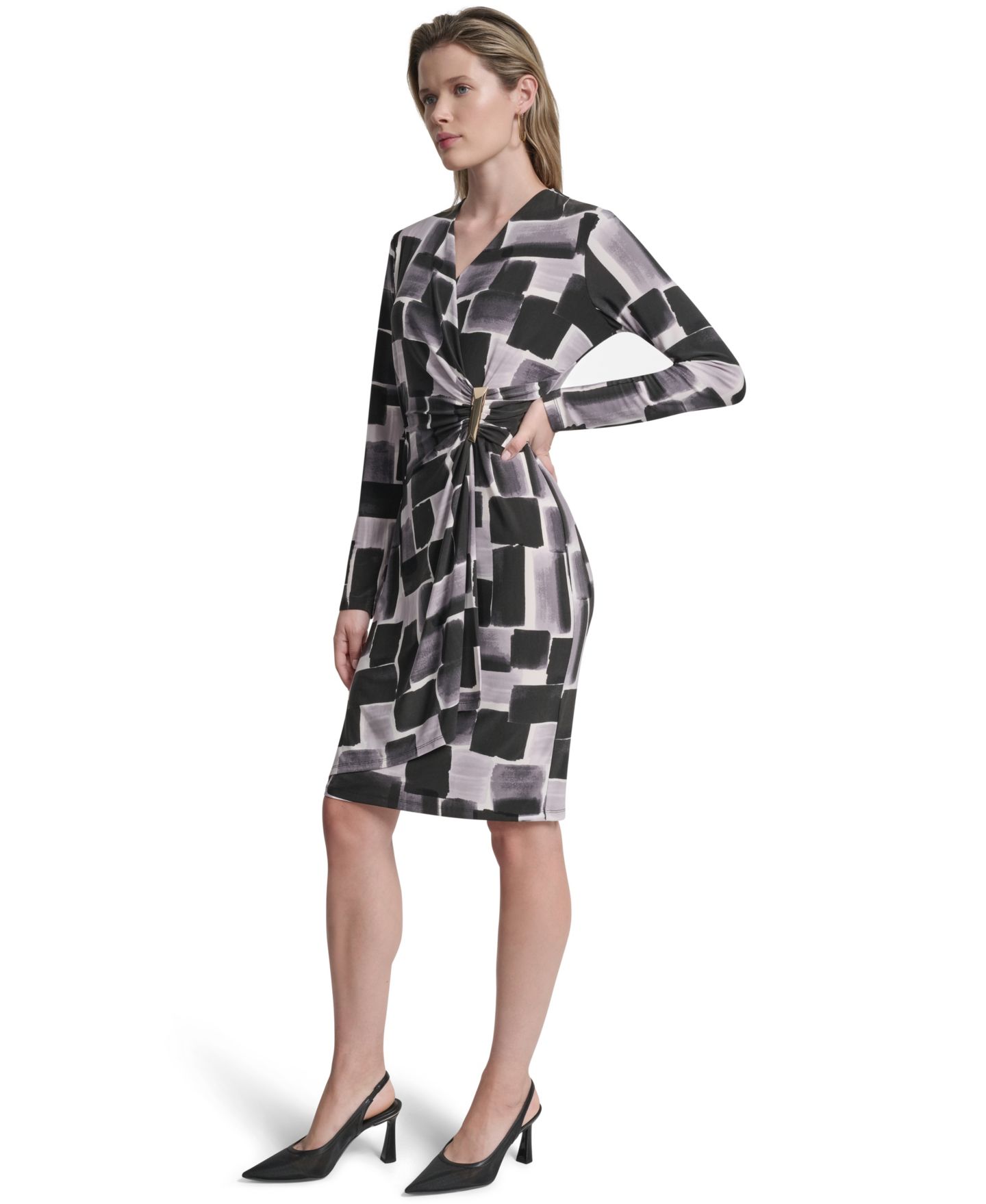 Женское платье DKNY с запахом, V-образным вырезом и длинным рукавом, цвет: Чёрный разноцветный — фото 3