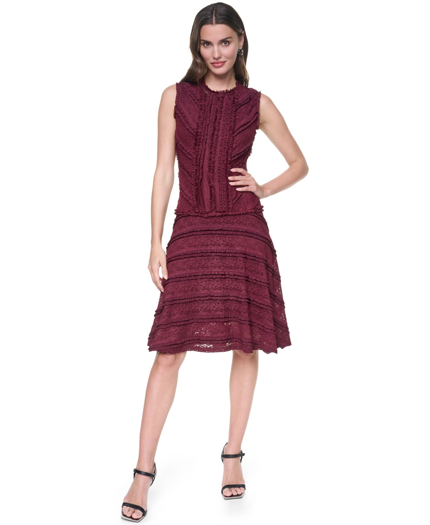 Women's Jewel Neck Ruffle Hem Fit-and-Flare Lace Dress