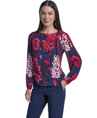 Women's Long Sleeve Boat Neck Floral Blouse