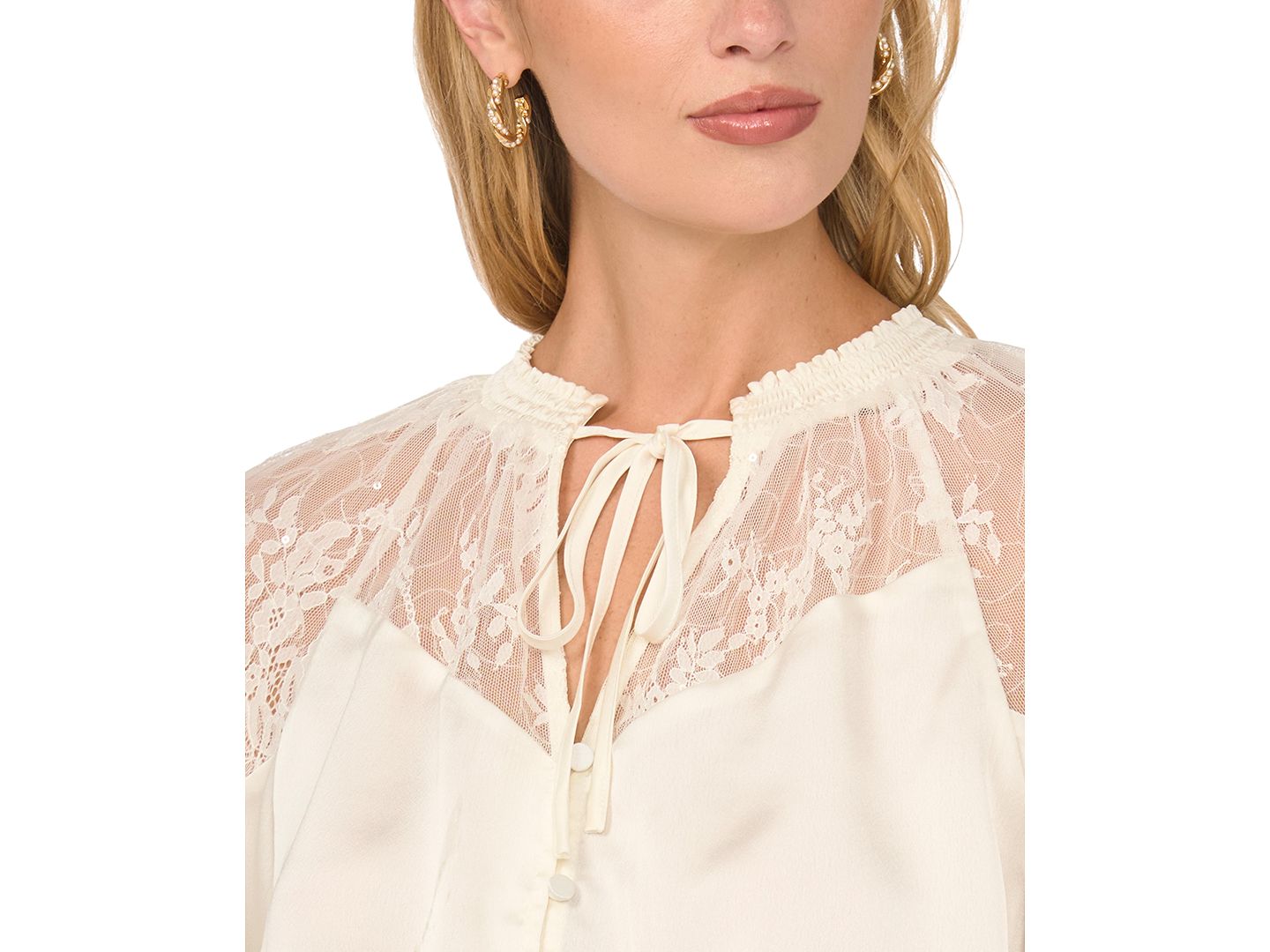 Женская блузка Vince Camuto Lace-Insert Ruffle Long-Sleeve, цвет: Слоновая кость — фото 3