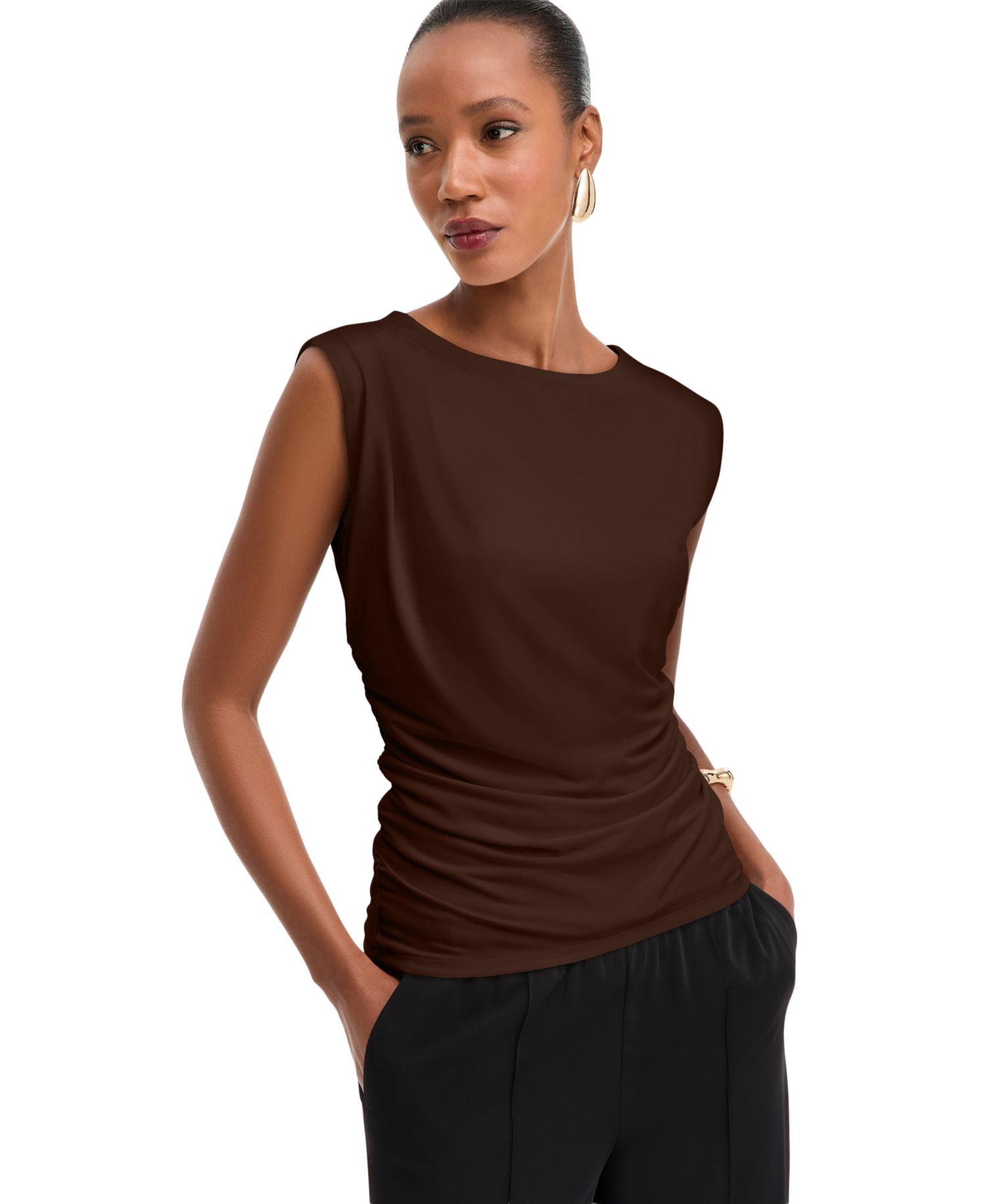 Women's Sleeveless Ruched Boatneck Knit Top