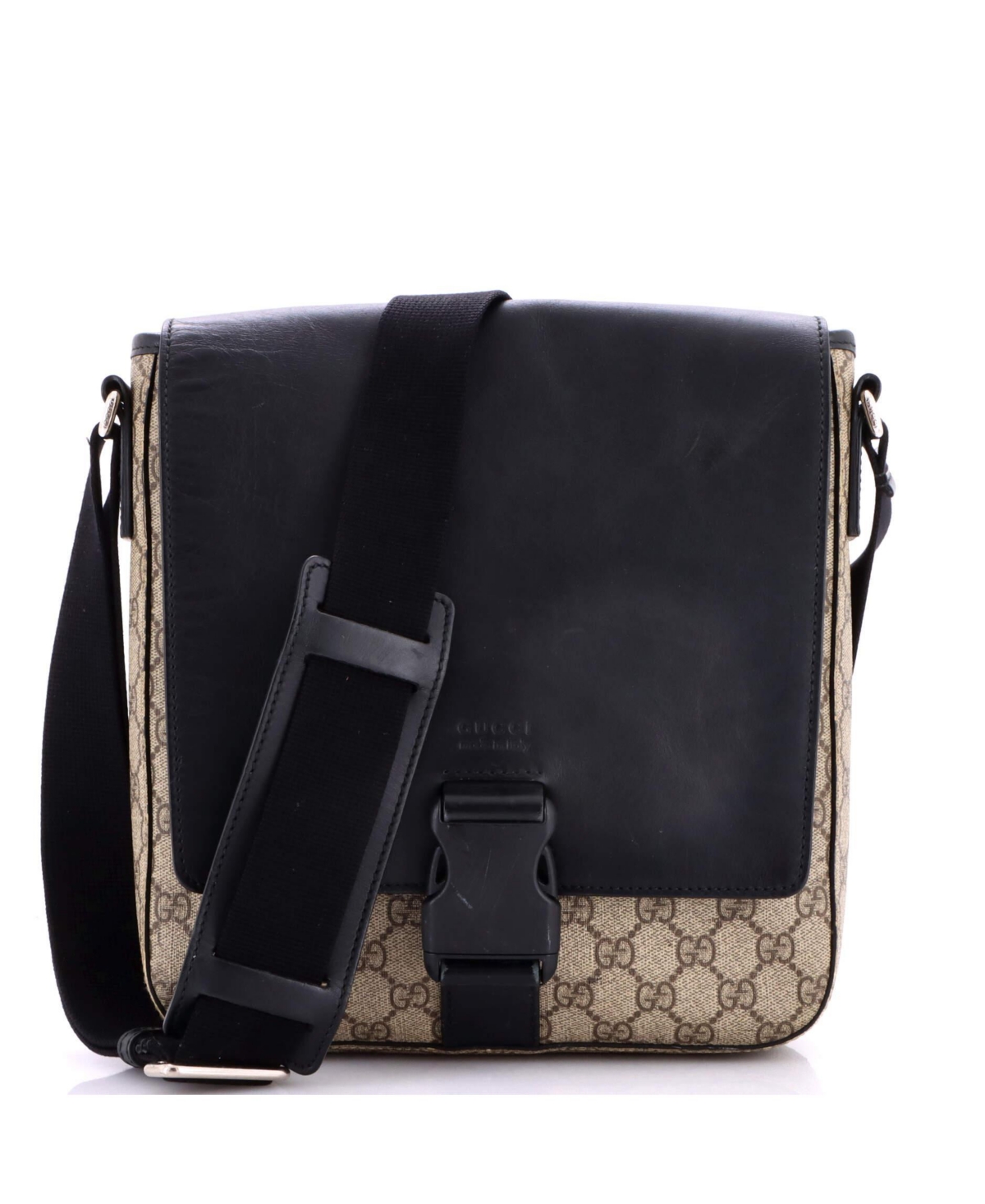 Pre-Owned Gucci Medium Buckle Flap Messenger Bag Gg Coated Canvas with Leather - Black