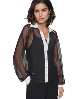 Women's Long-Sleeve Mesh Colorblock Blouse
