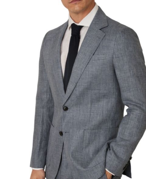 Мужской пиджак REISS Reef Single-Breasted Slim-Fit Prince of Wales Check Linen Blazer, цвет: Мягкий синий