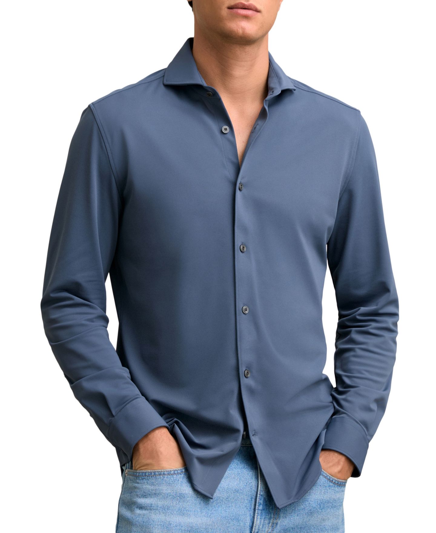 Мужская рубашка REISS Charge Stretch-Jersey Cutaway-Collar Long-Sleeve, цвет: Тёмный синий — фото 1