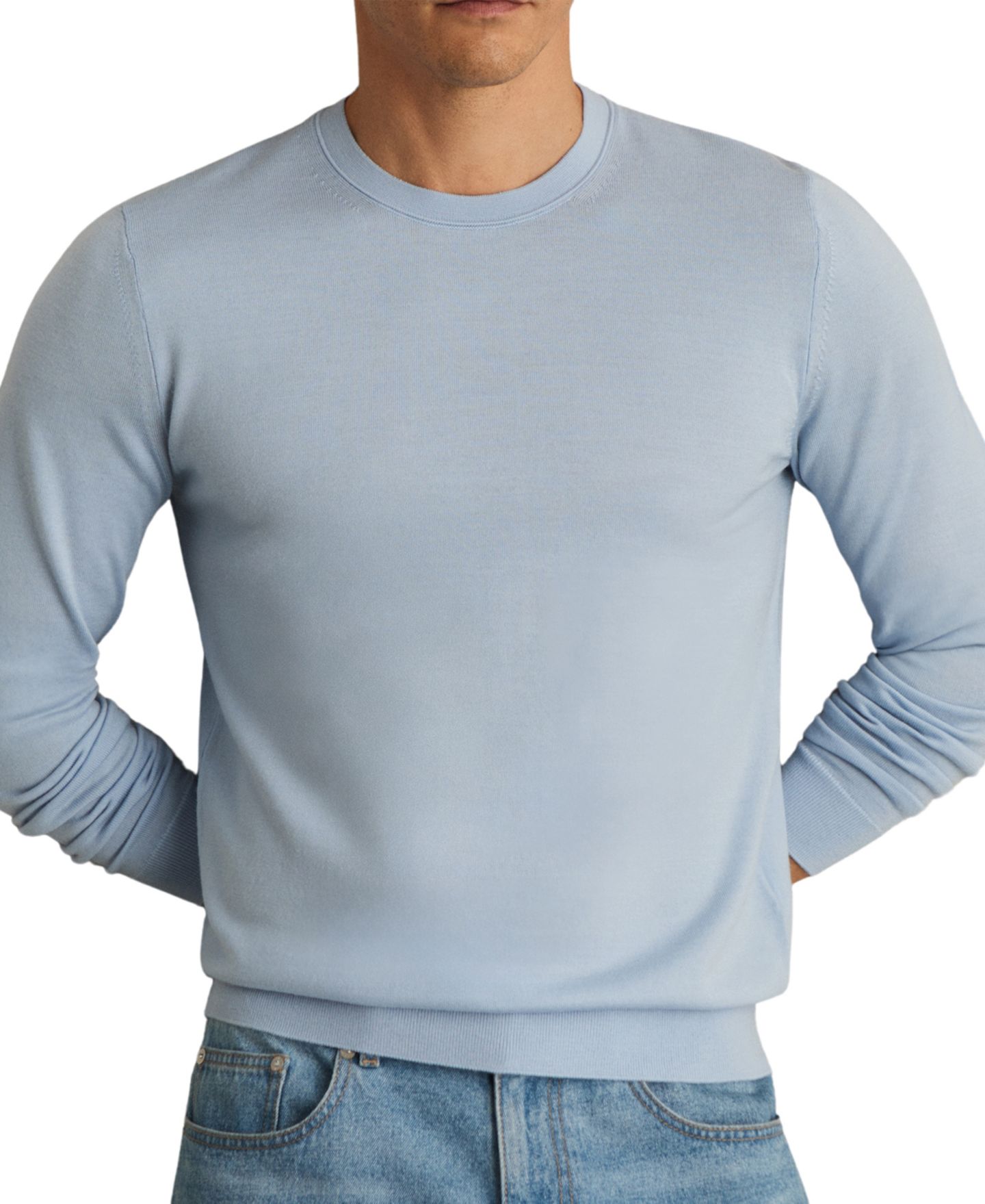 Мужской свитер REISS Wessex Crew-Neck Merino-Wool Slim-Fit, цвет: Мягкий синий — фото 1