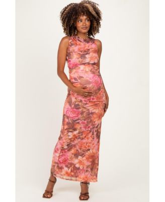 Women's Pink Floral Mesh Ruched Maxi Dress