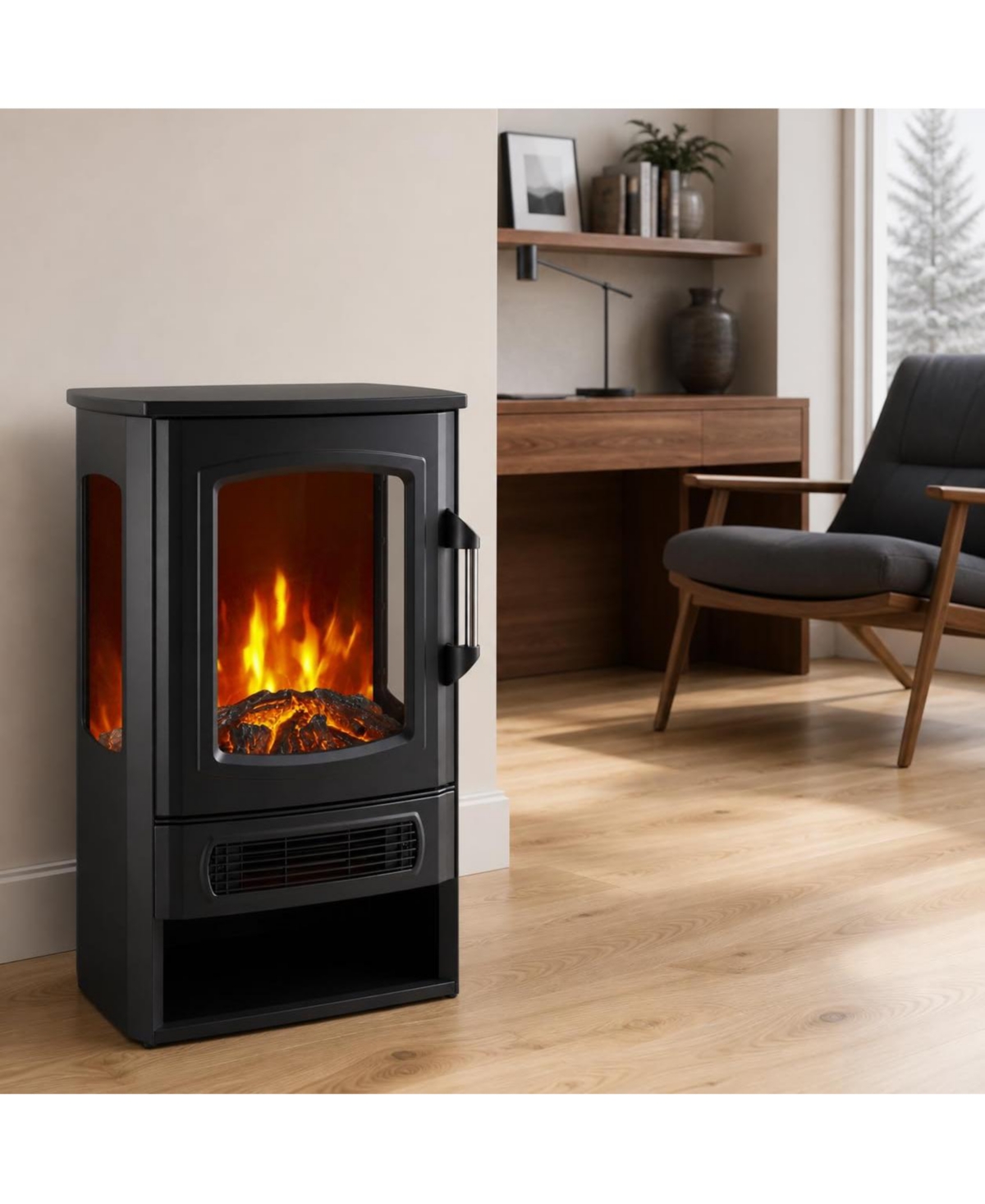 homfan 3-Sided Electric Fireplace with Dual Heat, Multicolor Led Flame and Remote, Freestanding Heater, Black