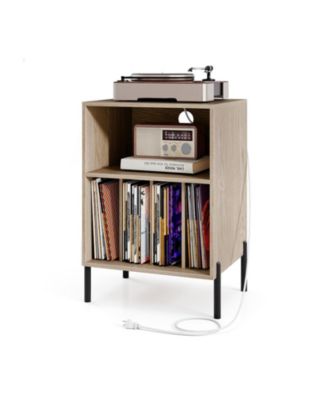 Record Player Stand with Record Storage Shelf and Charging Station