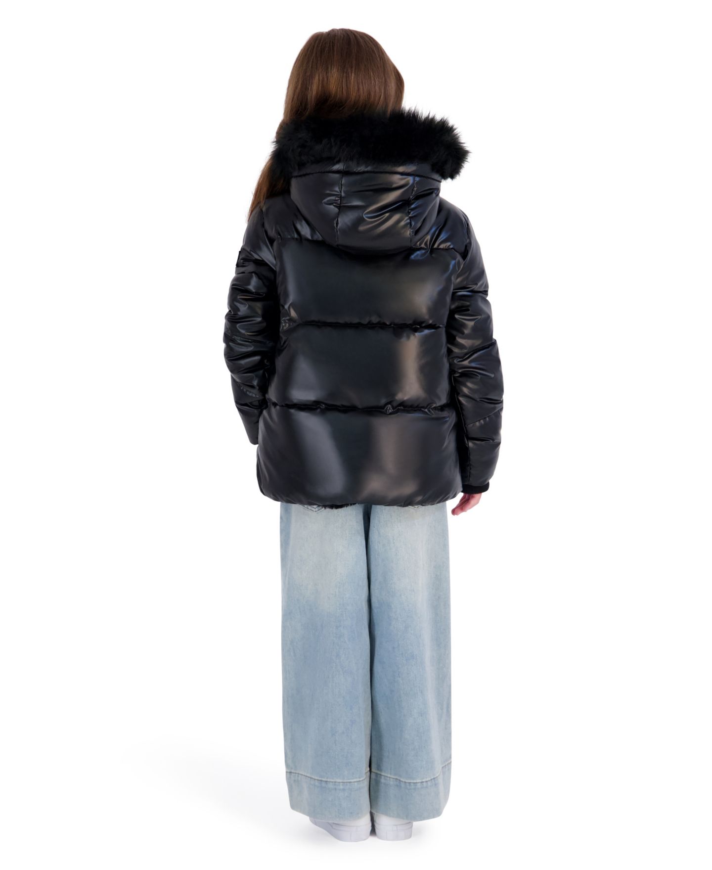 Куртка Steve Madden Liquid Fashion Hooded Puffer with Faux-Fur Trim для девочек, цвет: Чёрный — фото 4