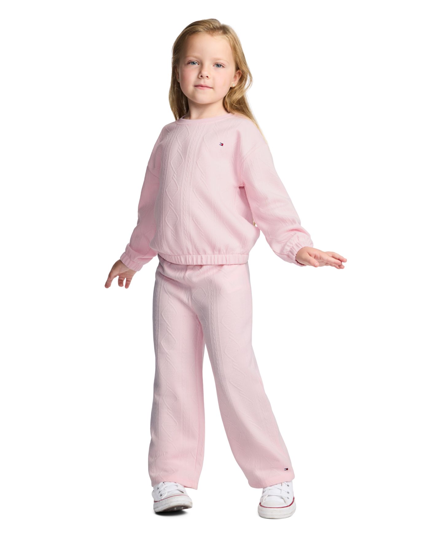 Tommy Hilfiger Toddler and Little Girls' 2T-6X Cable-Knit Long-Sleeve Crewneck Top and Wide-Leg Pants, 2-Piece Set, цвет: Розовый — фото 1