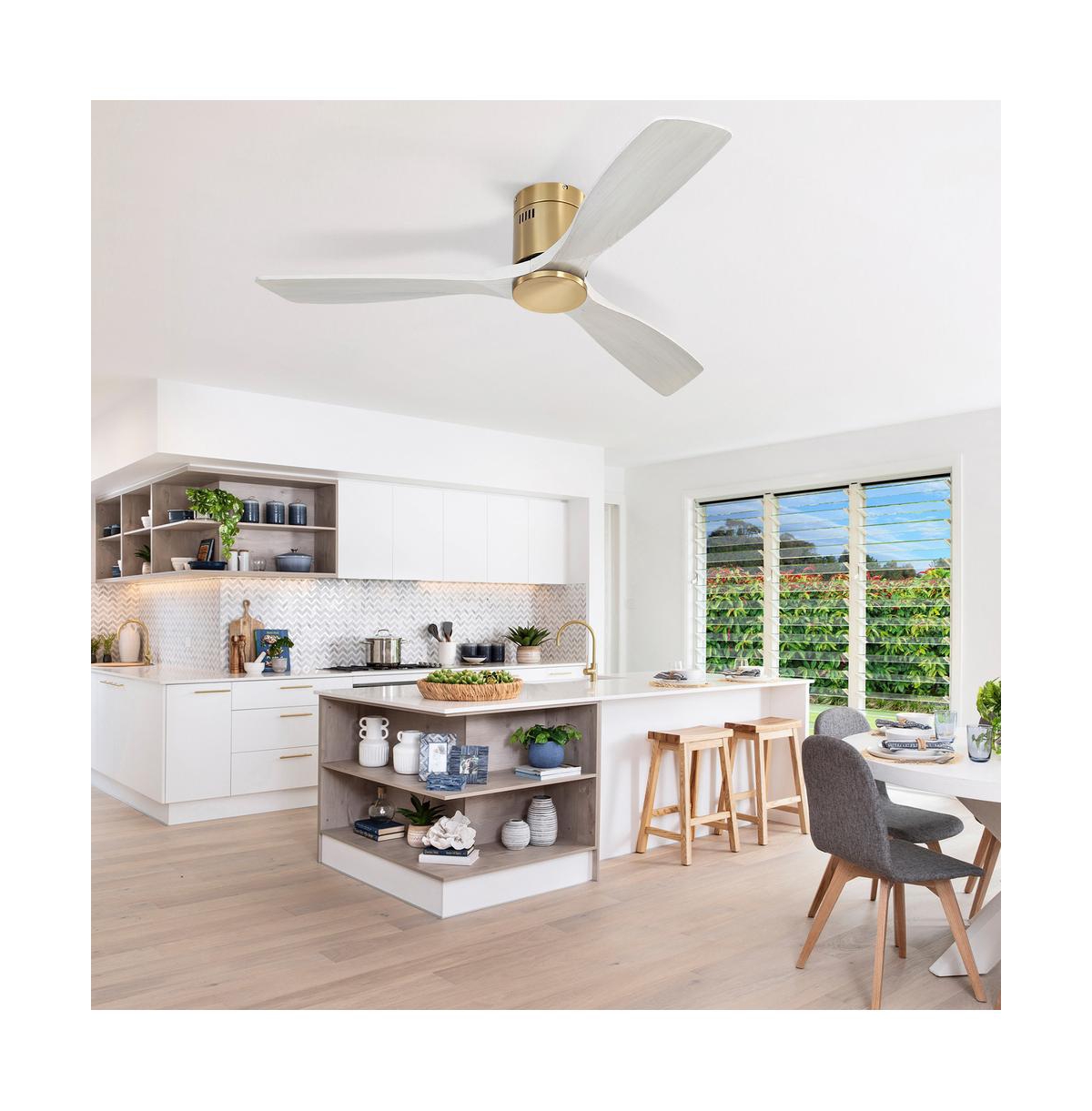 Sofucor 52-in Smart Golden Flush Mount 3-Blade Solid Wood Ceiling Fan (No Light) with Smart Speakers and Apps and Remote Control