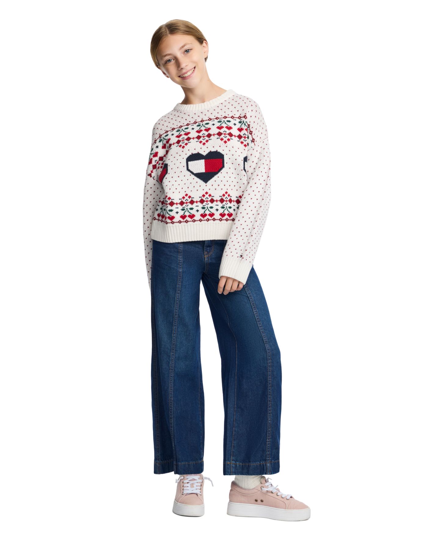 Свитер Tommy Hilfiger Heart Flag Intarsia Crewneck для девочек, цвет: Egret — фото 2