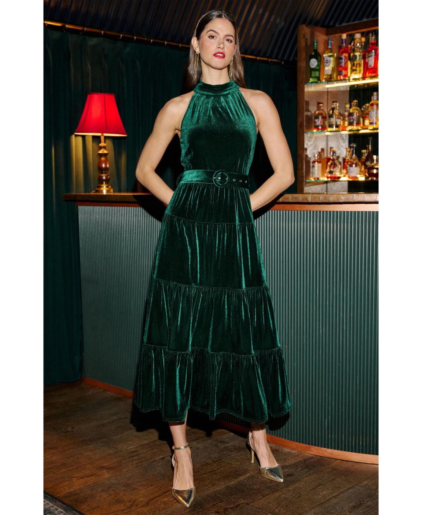 Женское платье Yumi Velvet Halter-Neck Tiered Maxi, цвет: Зелёный — фото 3