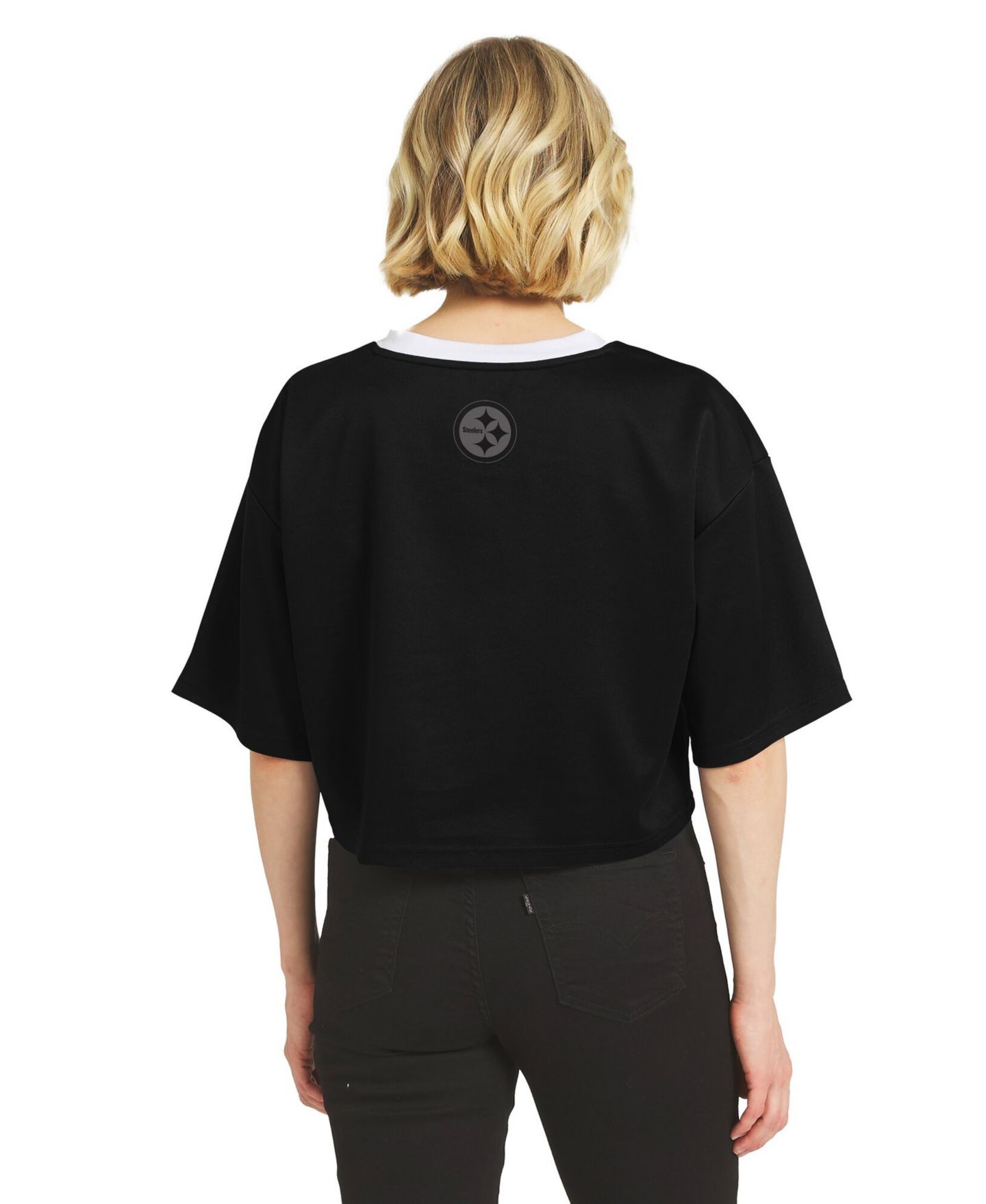 Женская футболка WEAR by Erin Andrews Black Pittsburgh Steelers Cropped V-Neck Jersey — фото 2
