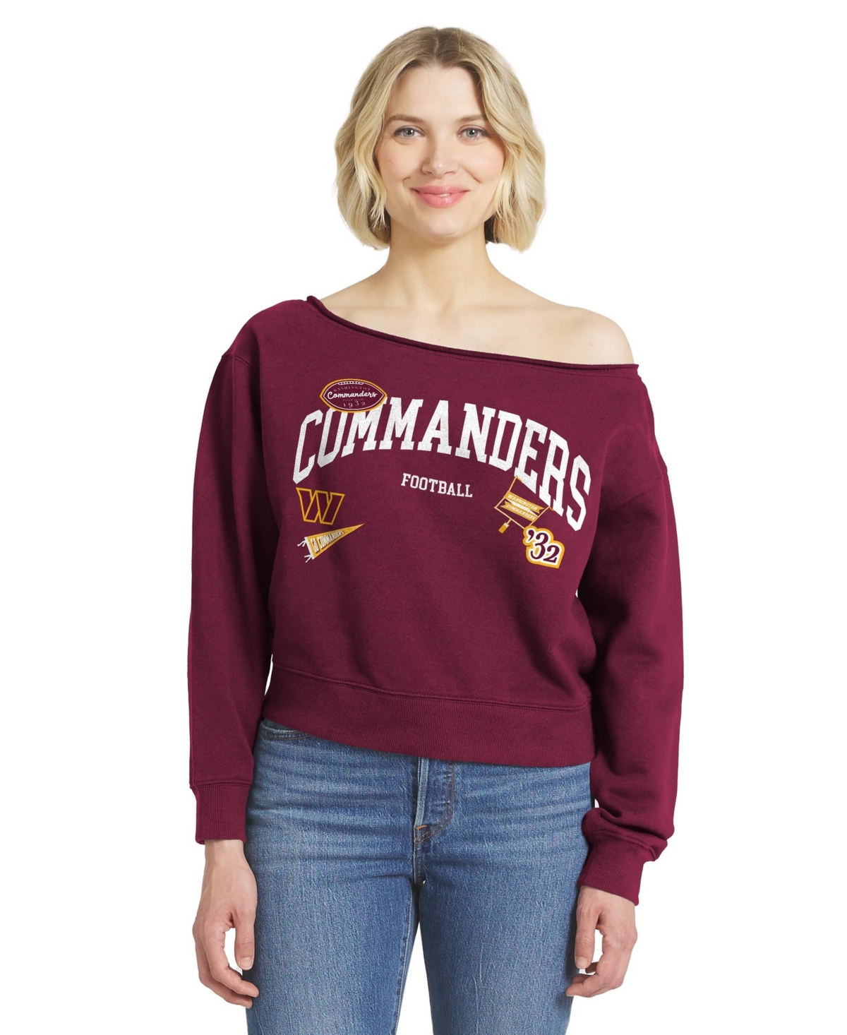 Wear by Erin Andrews Women's Washington Commanders Fleece-Lined Screen-Print Off-the-Shoulder Sweatshirt - Burgundy