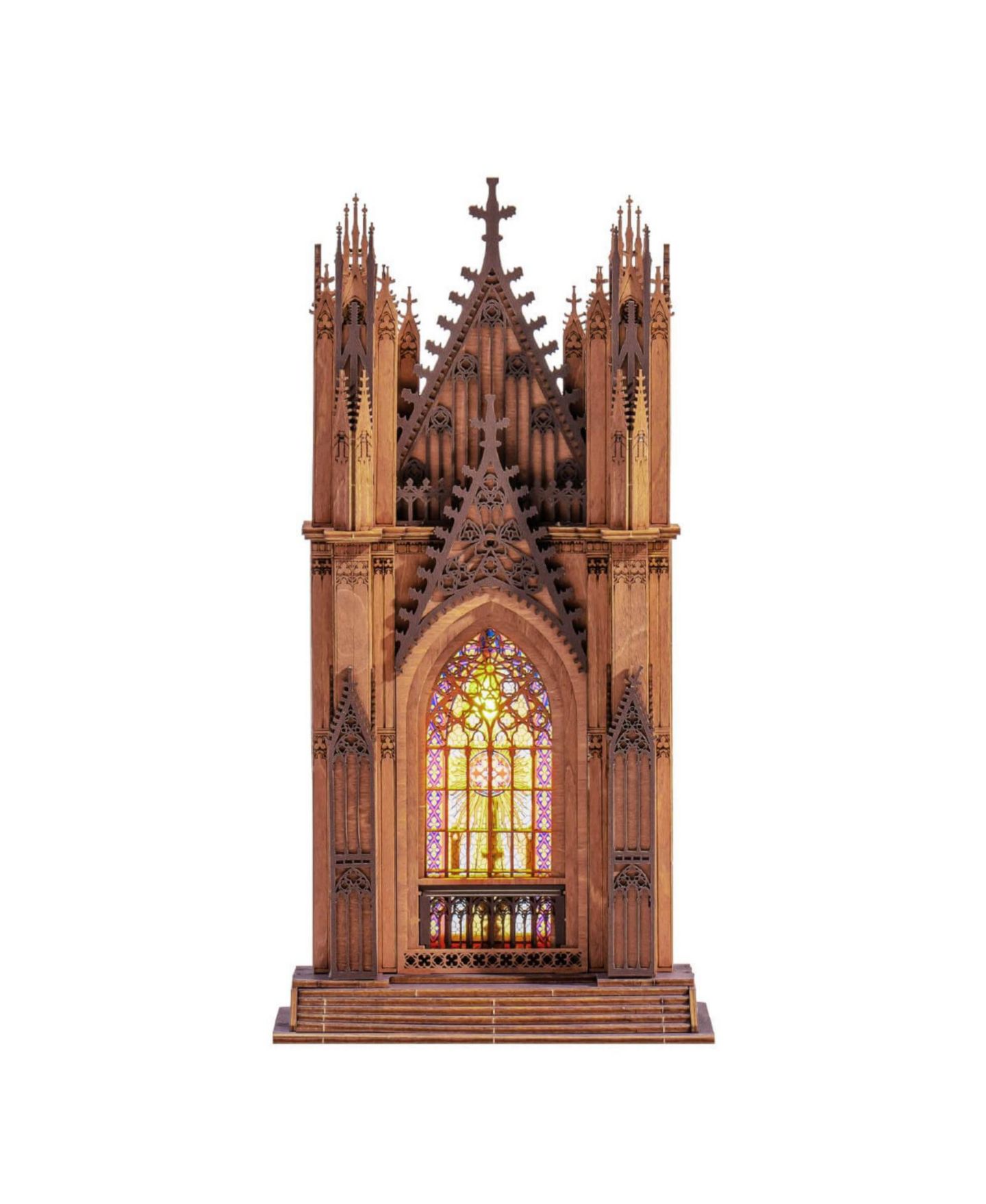 Детский пазл Robotime Gothic Twin Tower Cathedral 111-Piece 3D Wooden Puzzle with LED Lights, от 14 лет, цвет: Коричневый — фото 1