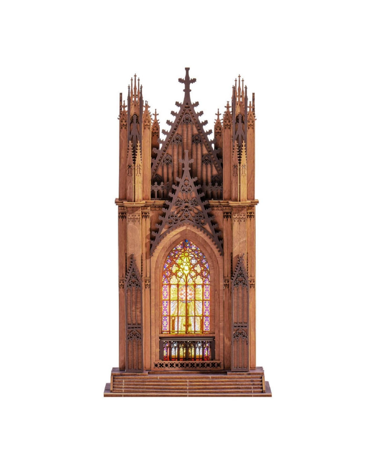 Robotime Gothic Twin Tower Cathedral 111-Piece 3D Wooden Puzzle with Led Lights, Ages 14+ - Brown
