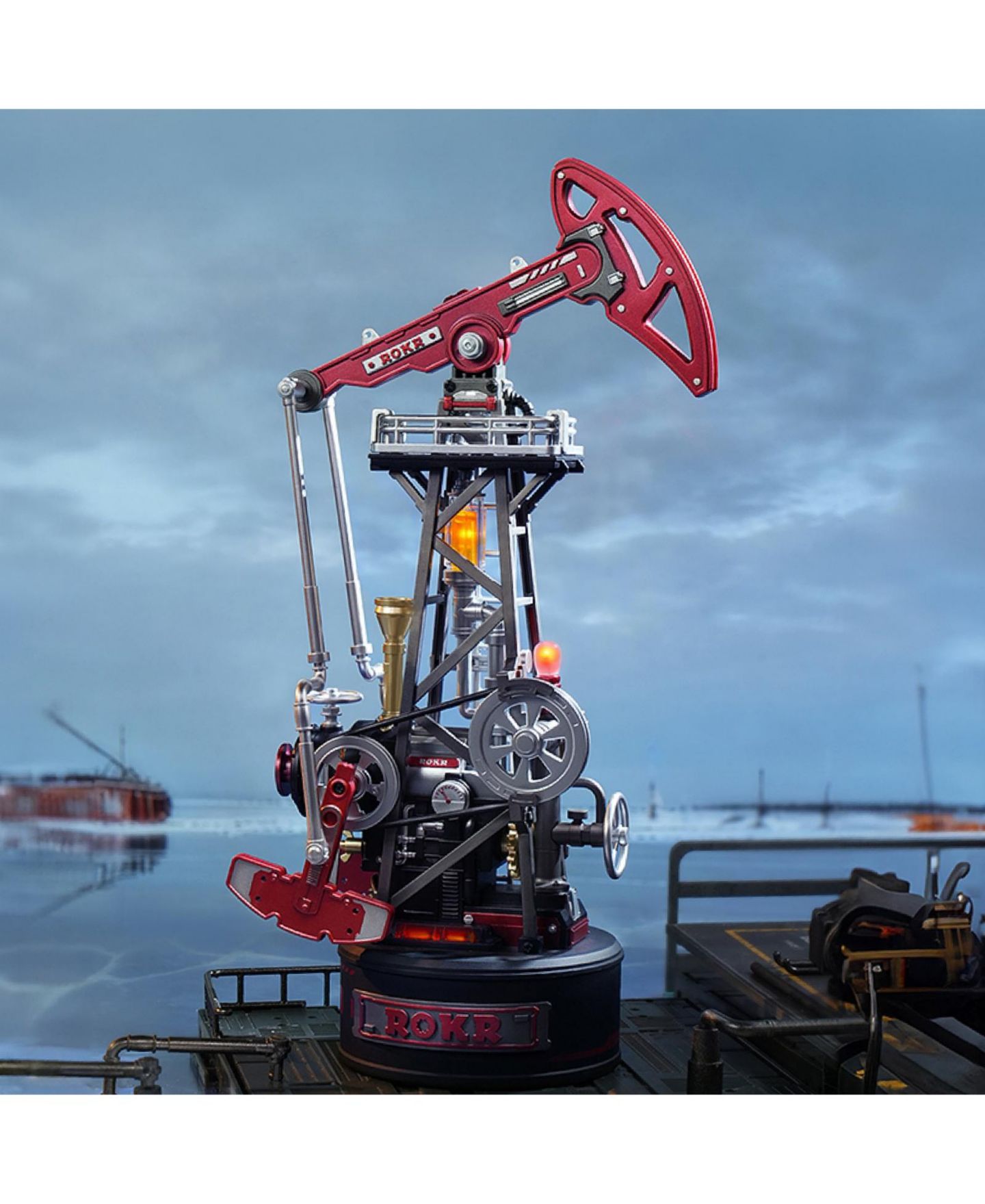 Детский конструктор Robotime Industrial City Series Oil Pump Jack Motorized LED Wooden Puzzle Building Set, Ages 14 & Up — фото 3