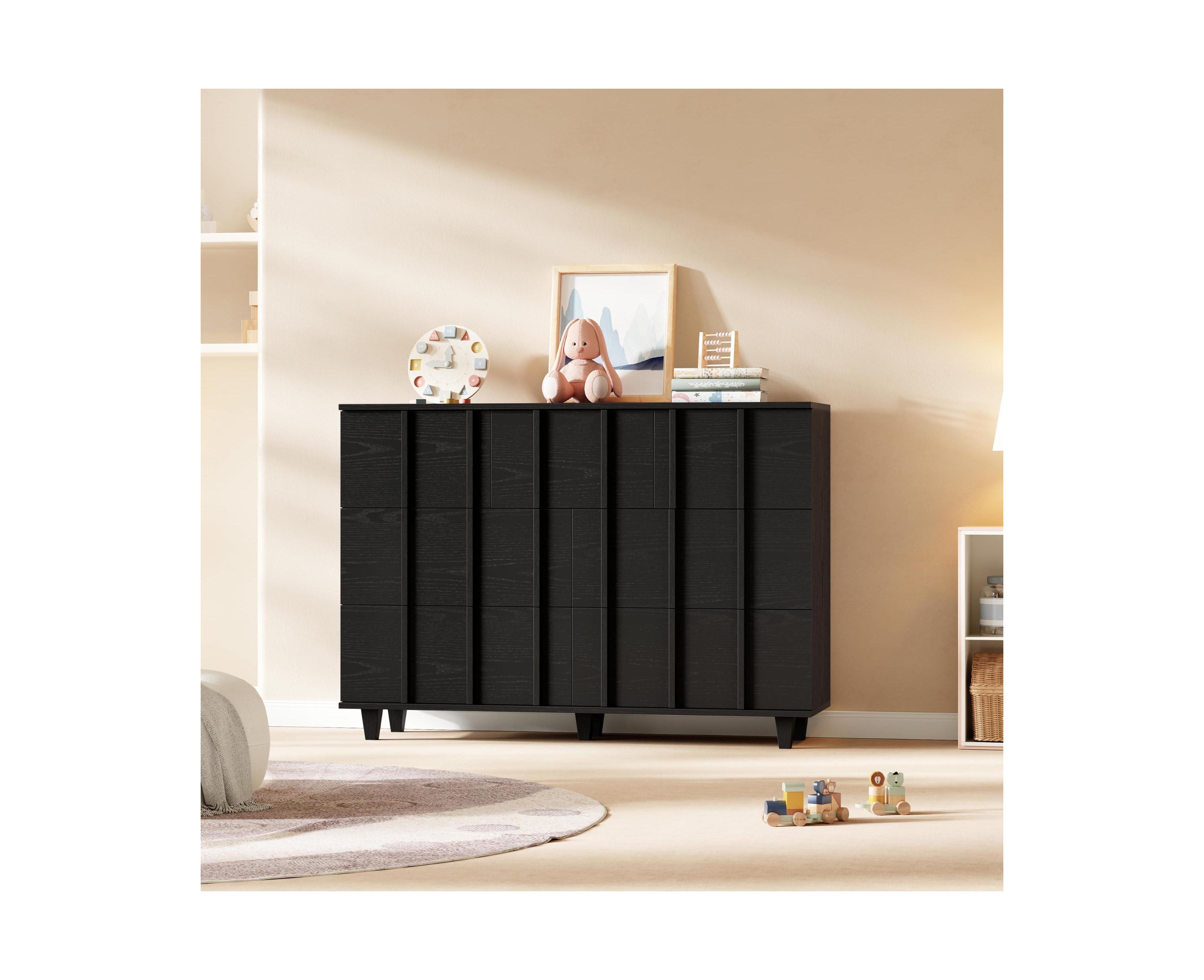 homfan Modern Minimalist Wide Fluted 7-Drawer Dresser, Wood Grain, Chest of Drawers