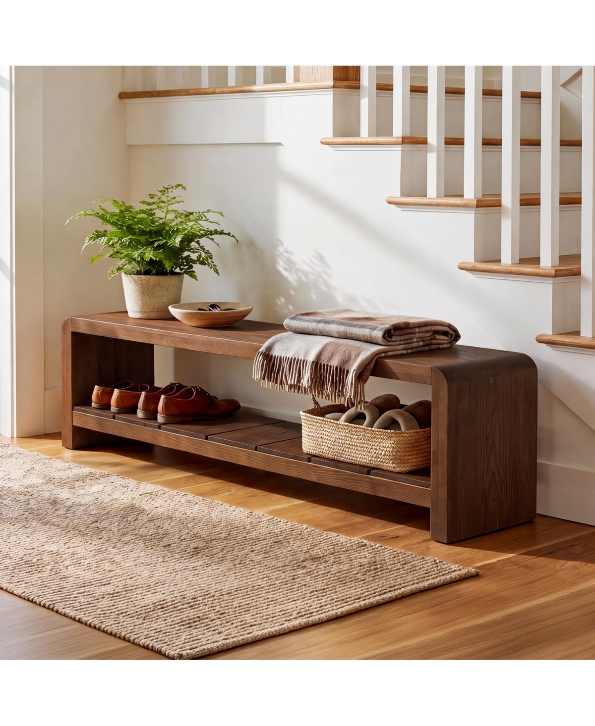 Tribesigns Solid Wood Entryway Bench with Shoe Storage, Long Shoe Bench,2-Tier End of Bed Seating - Dark brown