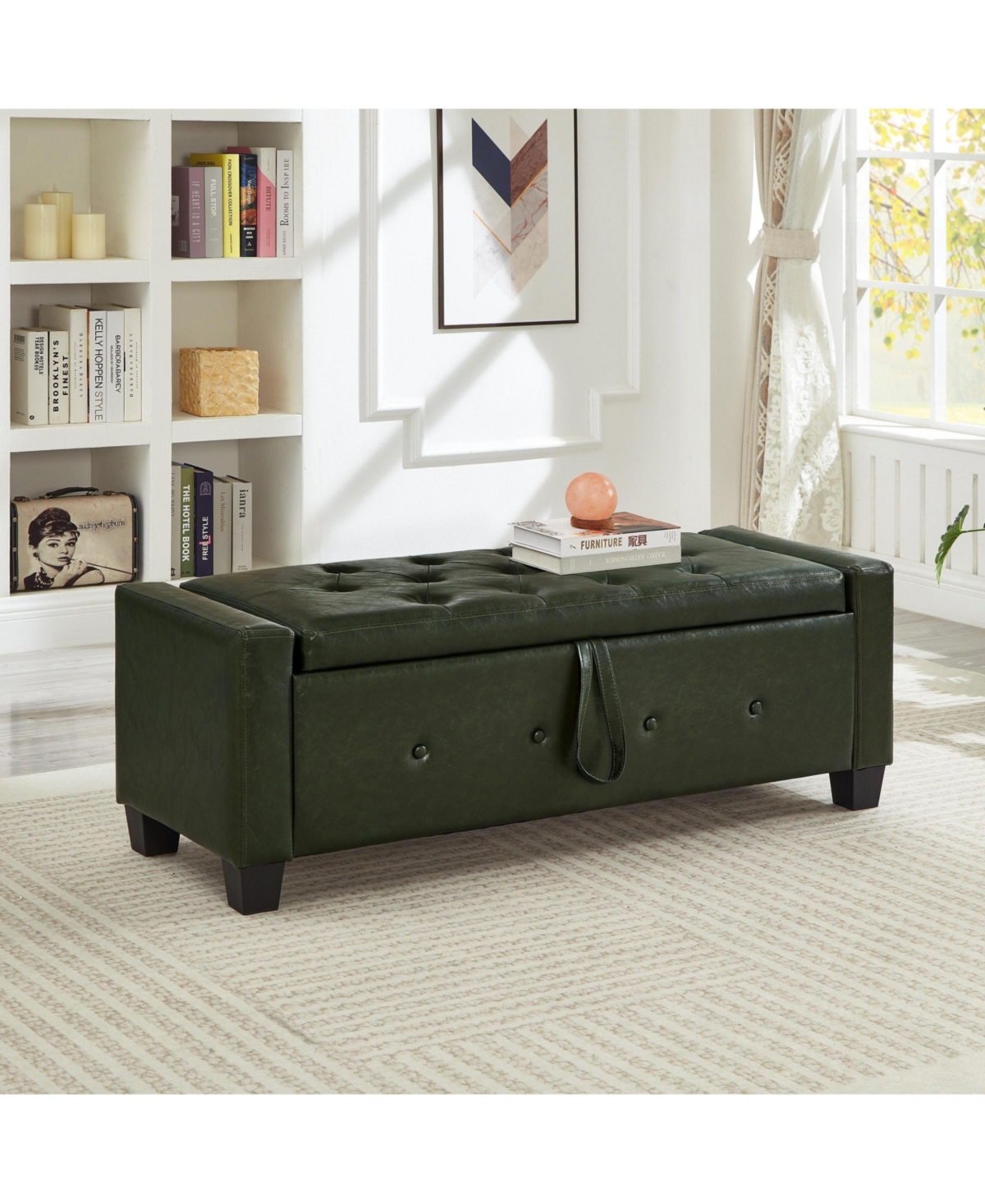 sumyeg 48 Inch Pu Leather Storage Ottoman Bench, 300LBS Solid Wood Frame Multifunctional Entryway Shoe Bench - Dark green