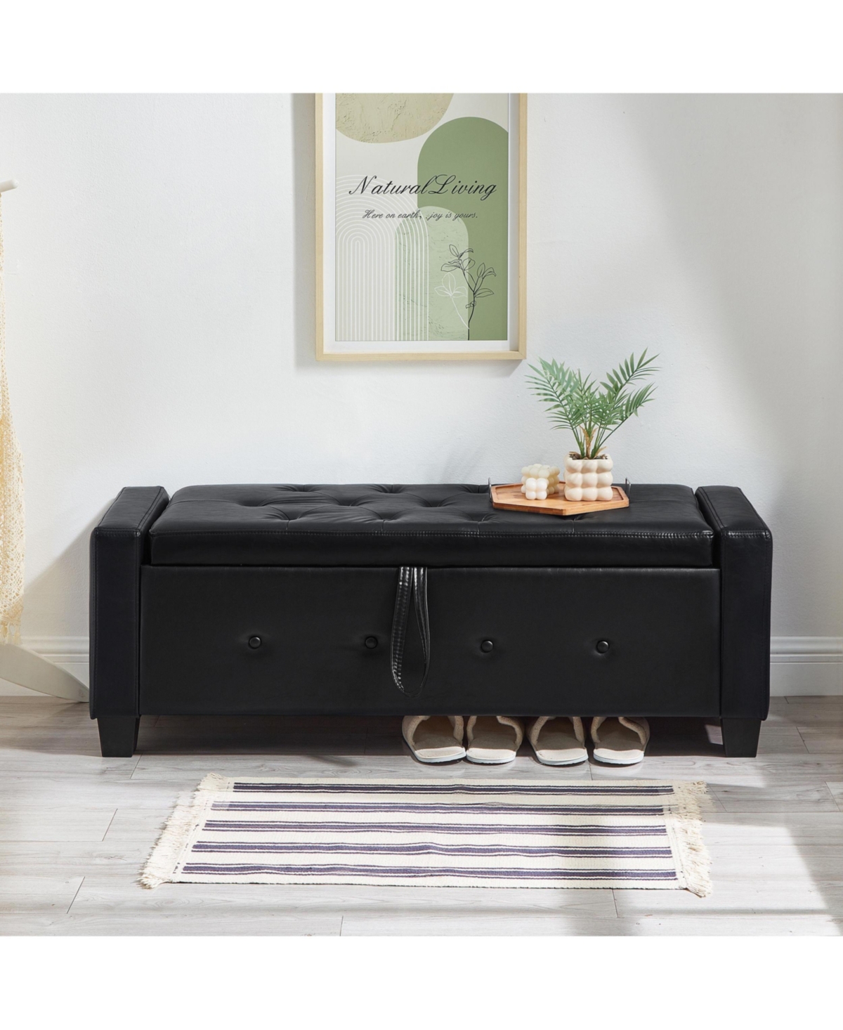 sumyeg 48 Inch Pu Leather Storage Ottoman Bench, 300LBS Solid Wood Frame Multifunctional Entryway Shoe Bench - Black