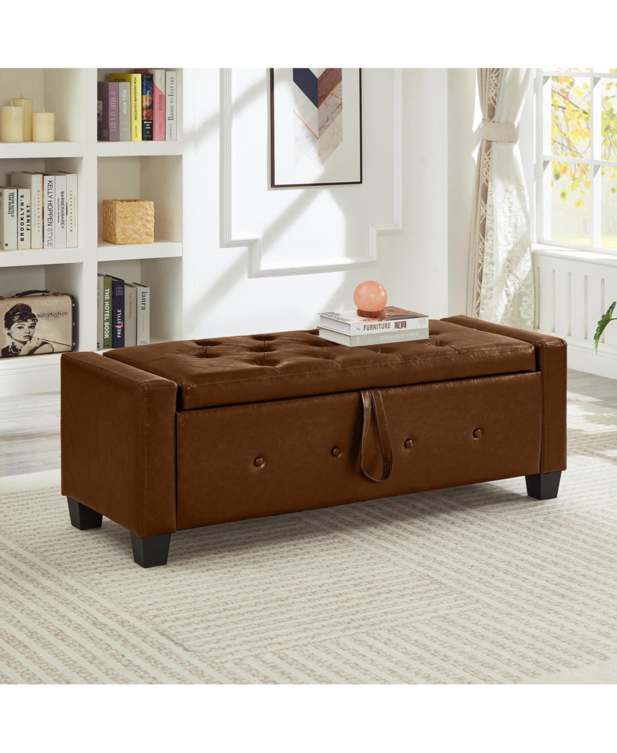 sumyeg 48 Inch Pu Leather Storage Ottoman Bench, 300LBS Solid Wood Frame Multifunctional Entryway Shoe Bench - Brown