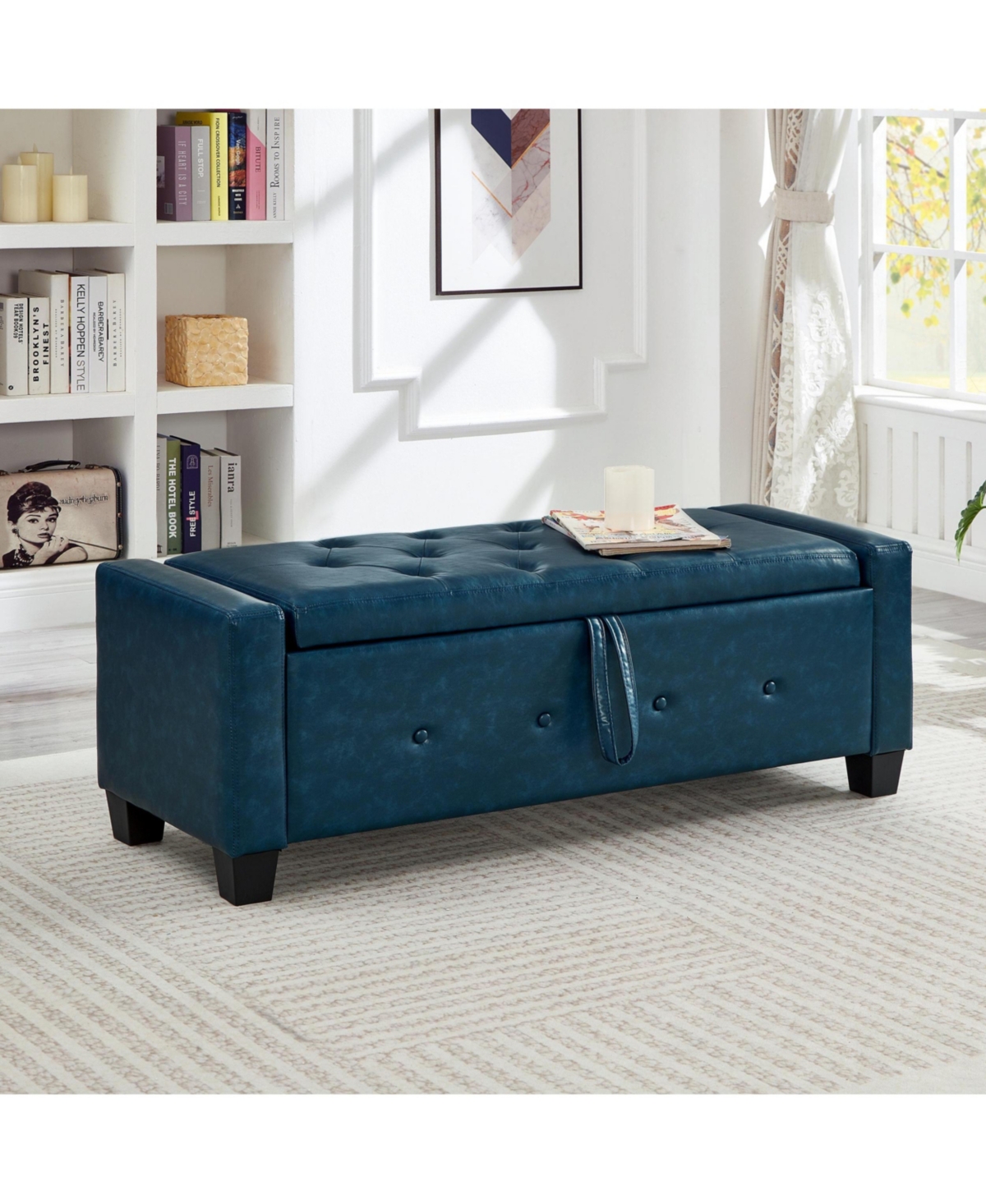 sumyeg 48 Inch Pu Leather Storage Ottoman Bench, 300LBS Solid Wood Frame Multifunctional Entryway Shoe Bench - Blue