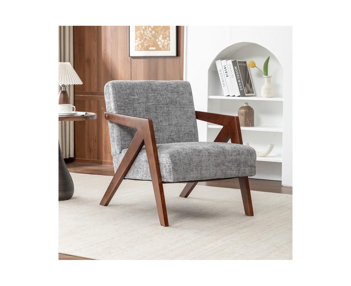 sumyeg Mid Century Modern Accent Chair with Wood Frame and Soft Linen Fabric - Light grey