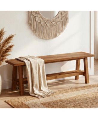 Farmhouse Wood Entryway Bench with Shelf, 55" Long 2-Tier Shoe Bench, Solid Wood