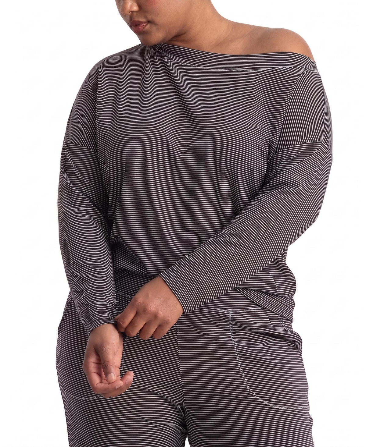 Universal Standard Plus Size Ultimates Dolci Off-the-Shoulder Long-Sleeve Lounge Top - Fine stripe in navy/white