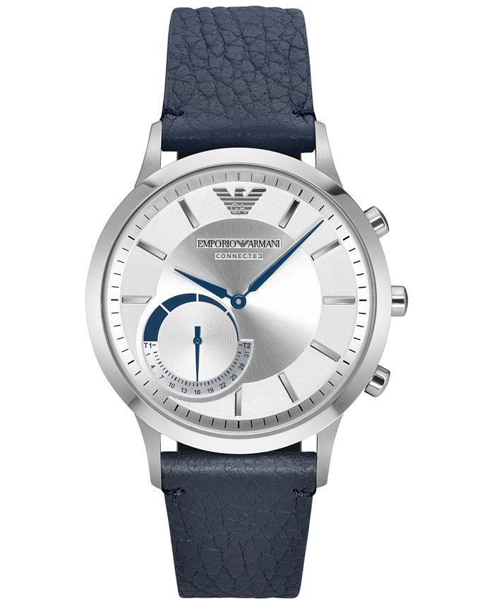 Emporio Armani Men's Renato Blue Leather Strap Hybrid Smart Watch 43mm ...