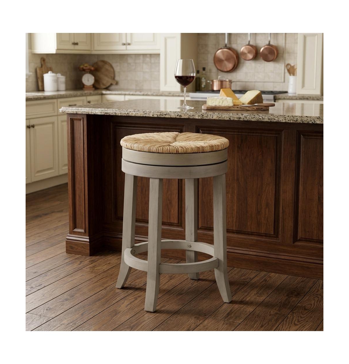 HomeRoots 24 Inch Rush and Solid Wood Backless Counter Height Swivel Bar Chair