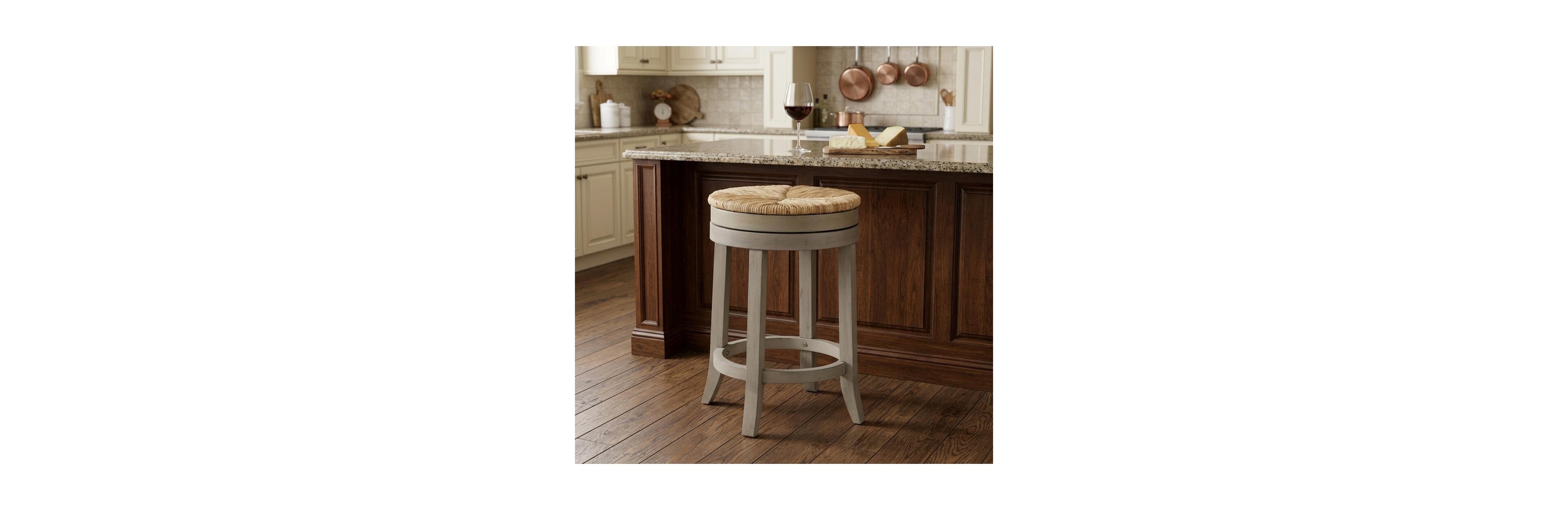 HomeRoots 24 Inch Rush and Solid Wood Backless Counter Height Swivel Bar Chair