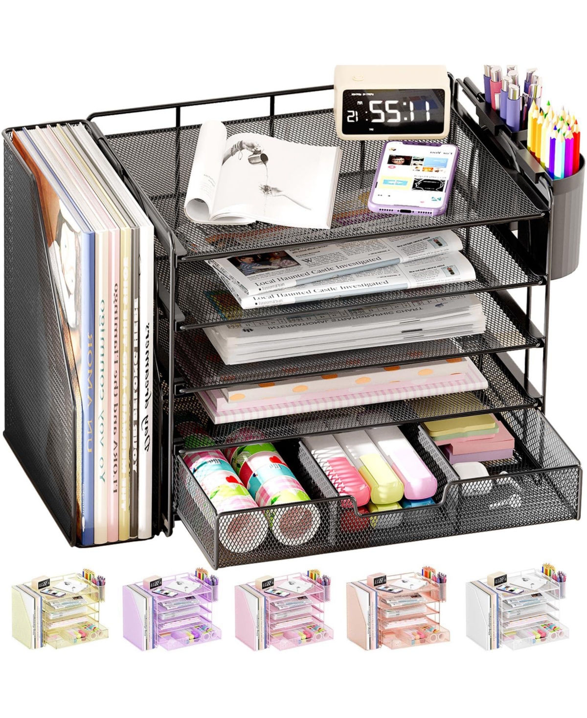 Four Candies 4 Tier Desktop File Organizer With Drawer Pen Holders Office Supply Sorters Workspace Organizer