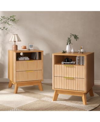 2 Pack 18" Modern Fluted Nightstand with Charging Station, Curved Profile Side Table with 2 Drawers, Bedside End Table for Bedroom